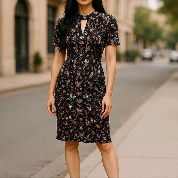 Maggy London Black Abstract Baroque Bodycon Midi Dress Mock Neck Cutout Sz10 NEW - Picture 4 of 16